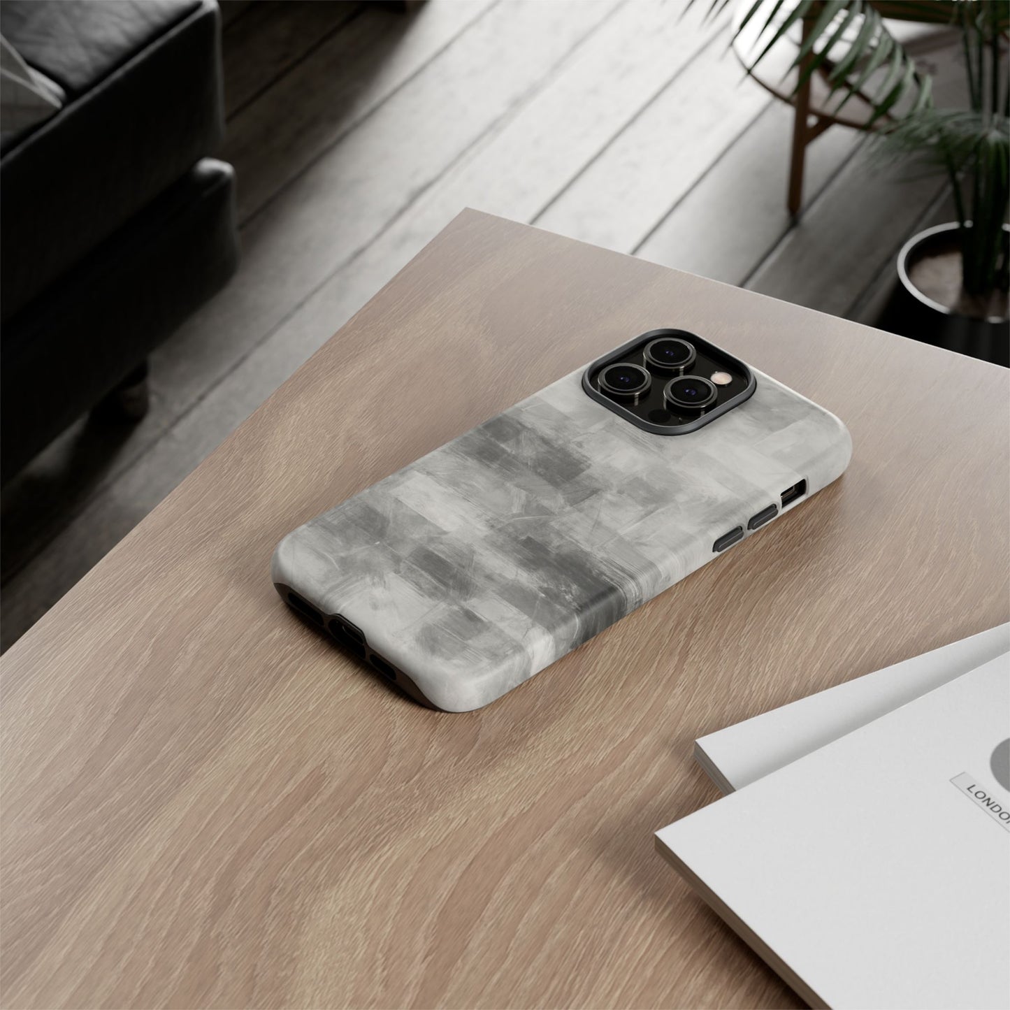 Abstract gray grid phone case for iPhone, tough protective cover by Printify with modern geometric design.