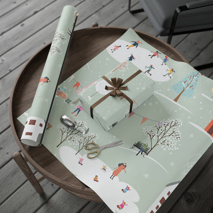 Winter Village Pattern Wrapping Paper | Holiday Snow Scene Roll