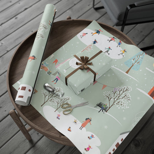Winter Village Pattern Wrapping Paper | Holiday Snow Scene Roll