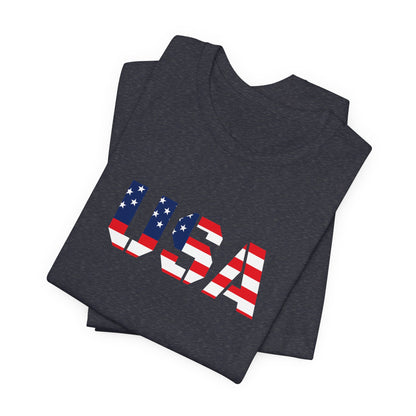 USA Flag Text Tee — Patriotic Fourth of July T-Shirt