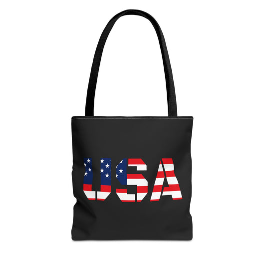 Reusable patriotic USA flag tote bag by Printify, summer carryall featuring red, white, and blue stars and stripes for 4th of July.