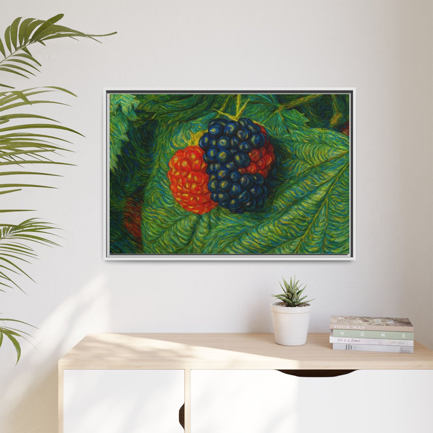 Blackberry still life framed canvas print by Printify featuring realistic blackberries in a natural setting.