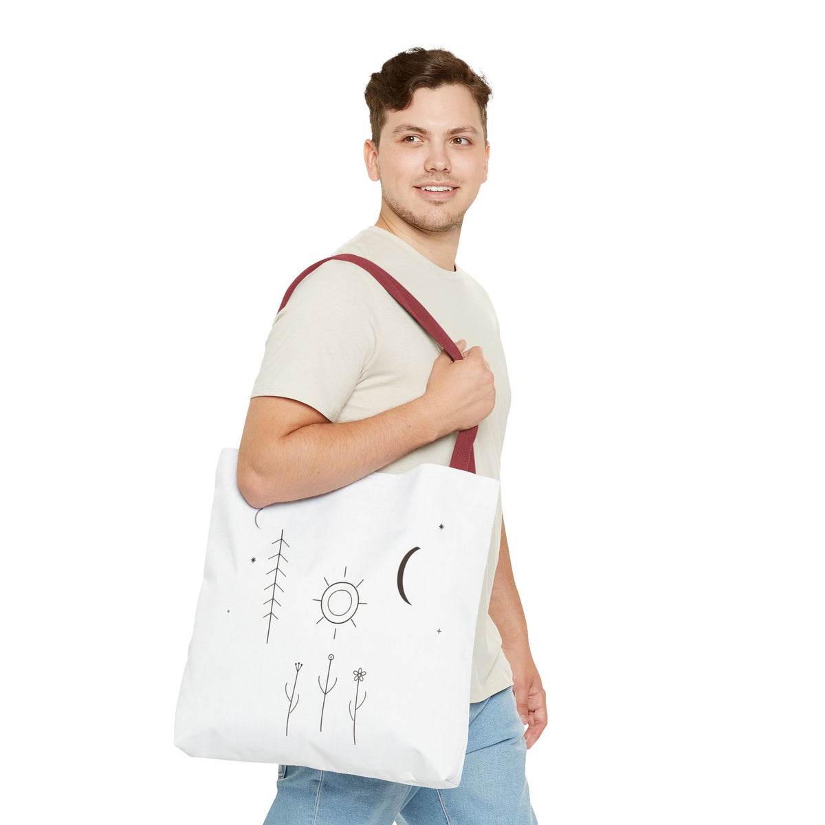 Minimal moon and sun botanical tote bag with celestial line art design, featuring natural plant motifs on a canvas bag.