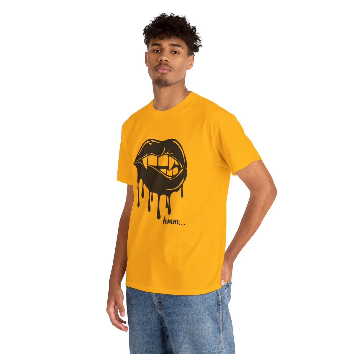 Black graphic T-shirt by Printify featuring dripping lips with "hmm..." bite design on the front.