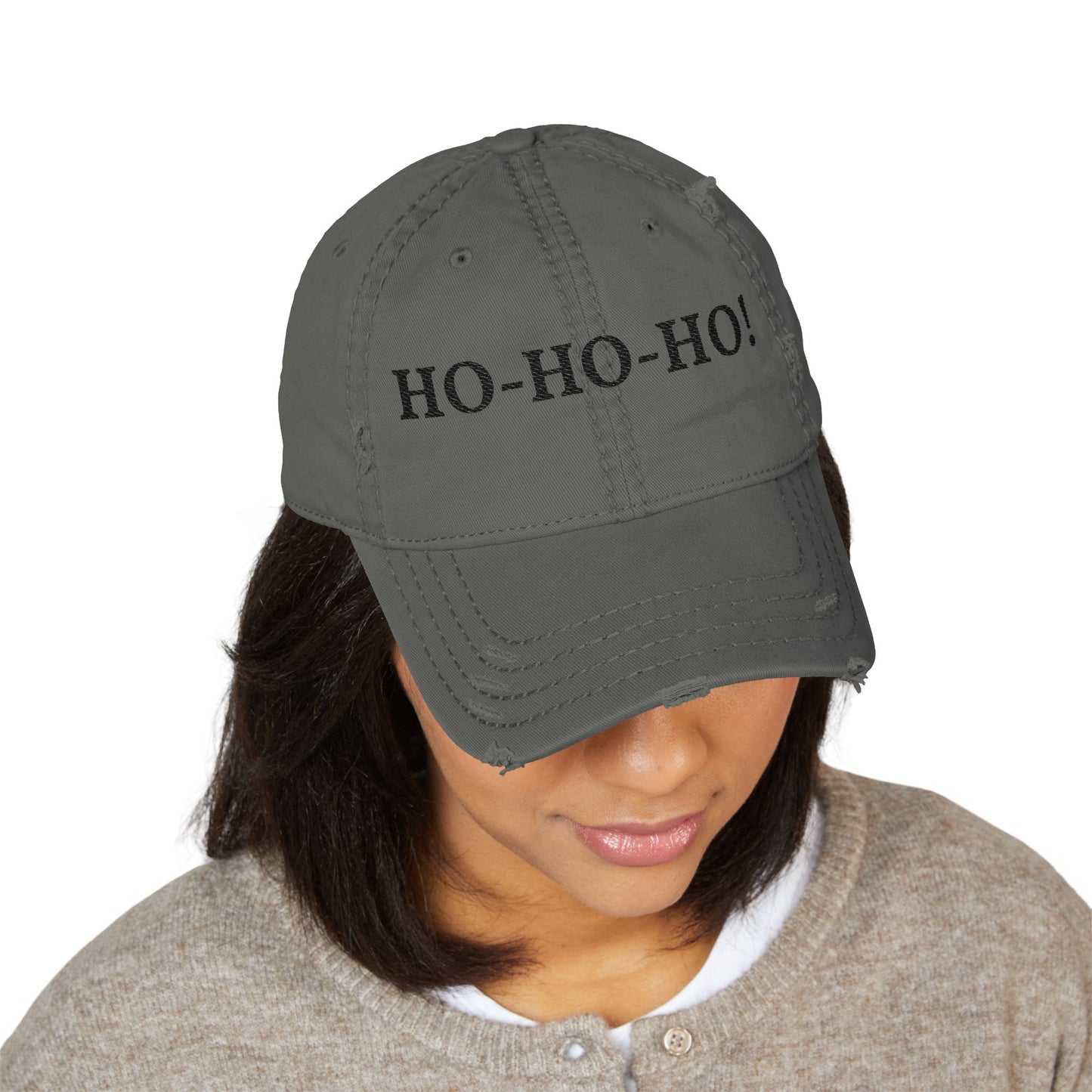 Distressed embroidered "HO-HO-HO" dad hat by Printify, featuring a classic baseball cap style with festive holiday design.