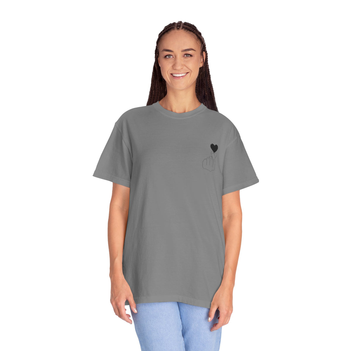 Black T-shirt with minimal white finger heart graphic, short sleeve, casual printify brand tee for everyday wear.