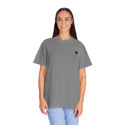 Black T-shirt with minimal white finger heart graphic, short sleeve, casual printify brand tee for everyday wear.