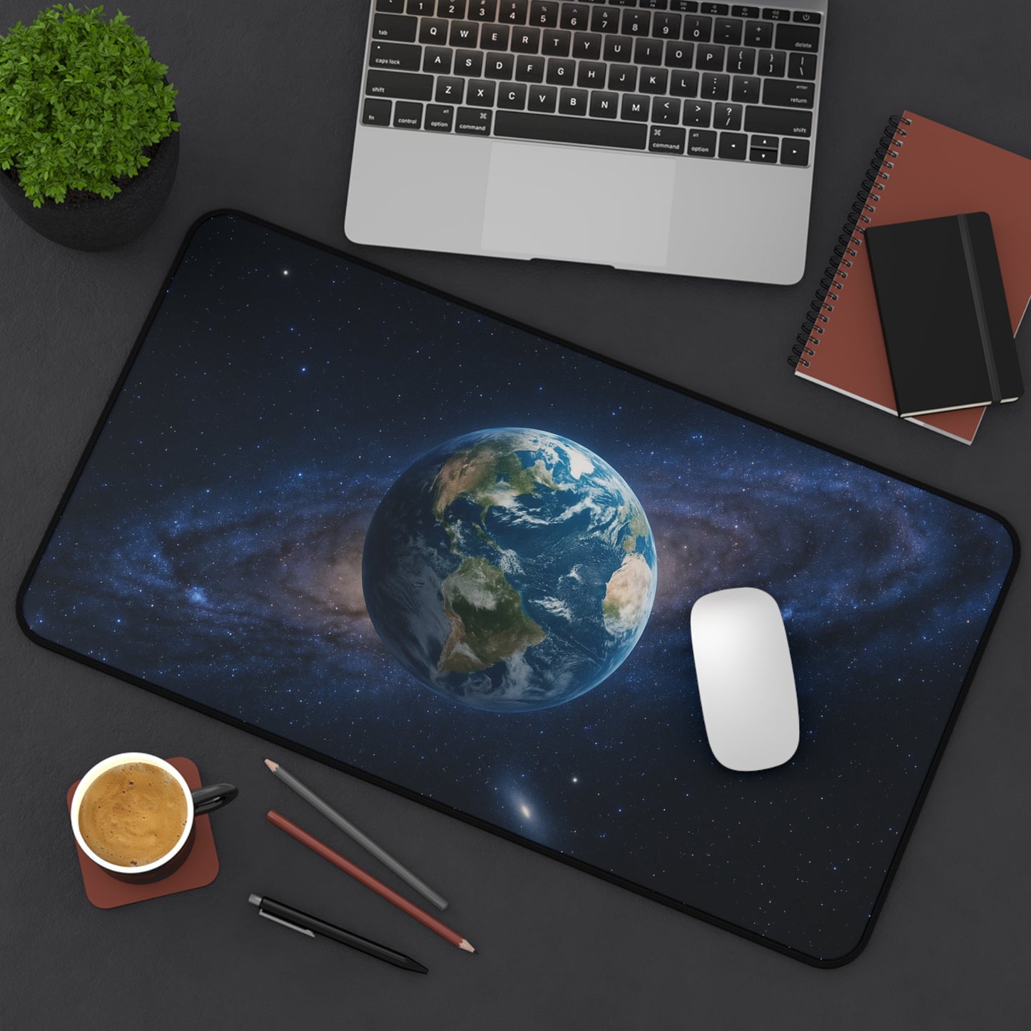 Earth in Galaxy desk mat featuring a space planet design, ideal for mousepads and desk accessories.