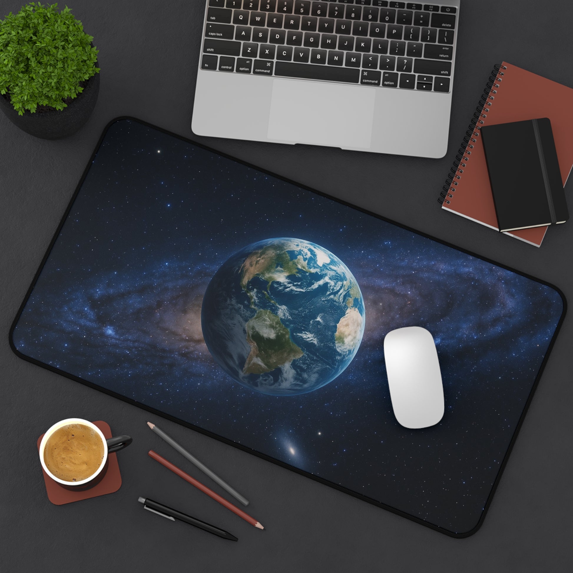 Earth in Galaxy desk mat featuring a space planet design, ideal for mousepads and desk accessories.