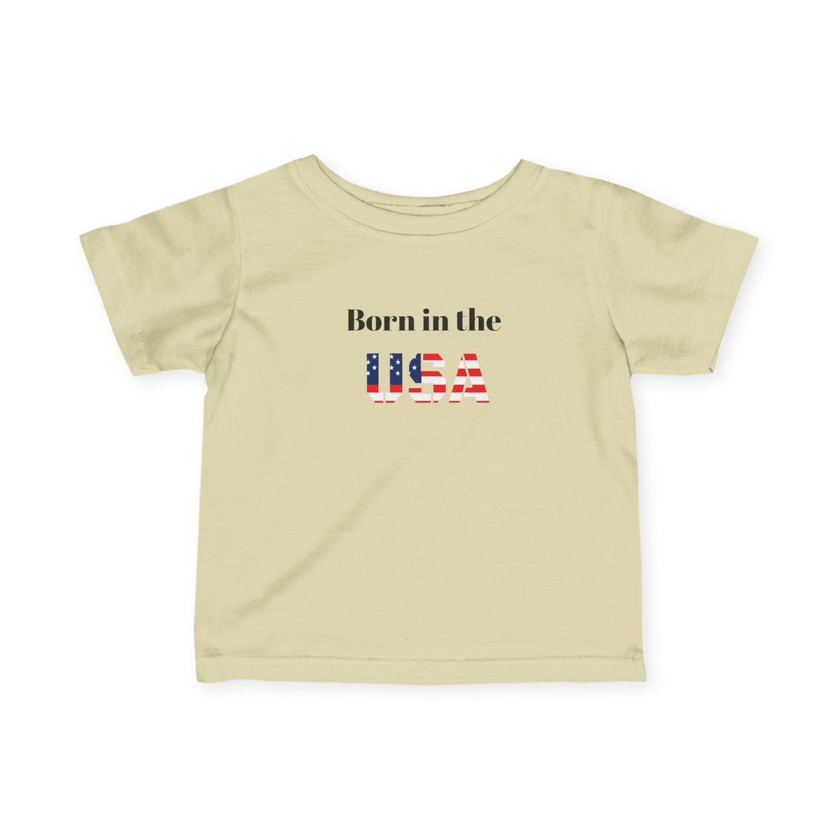 Infant baby T-shirt with "Born in the USA" patriotic print, made by Printify, featuring a cute design for kids' clothing.