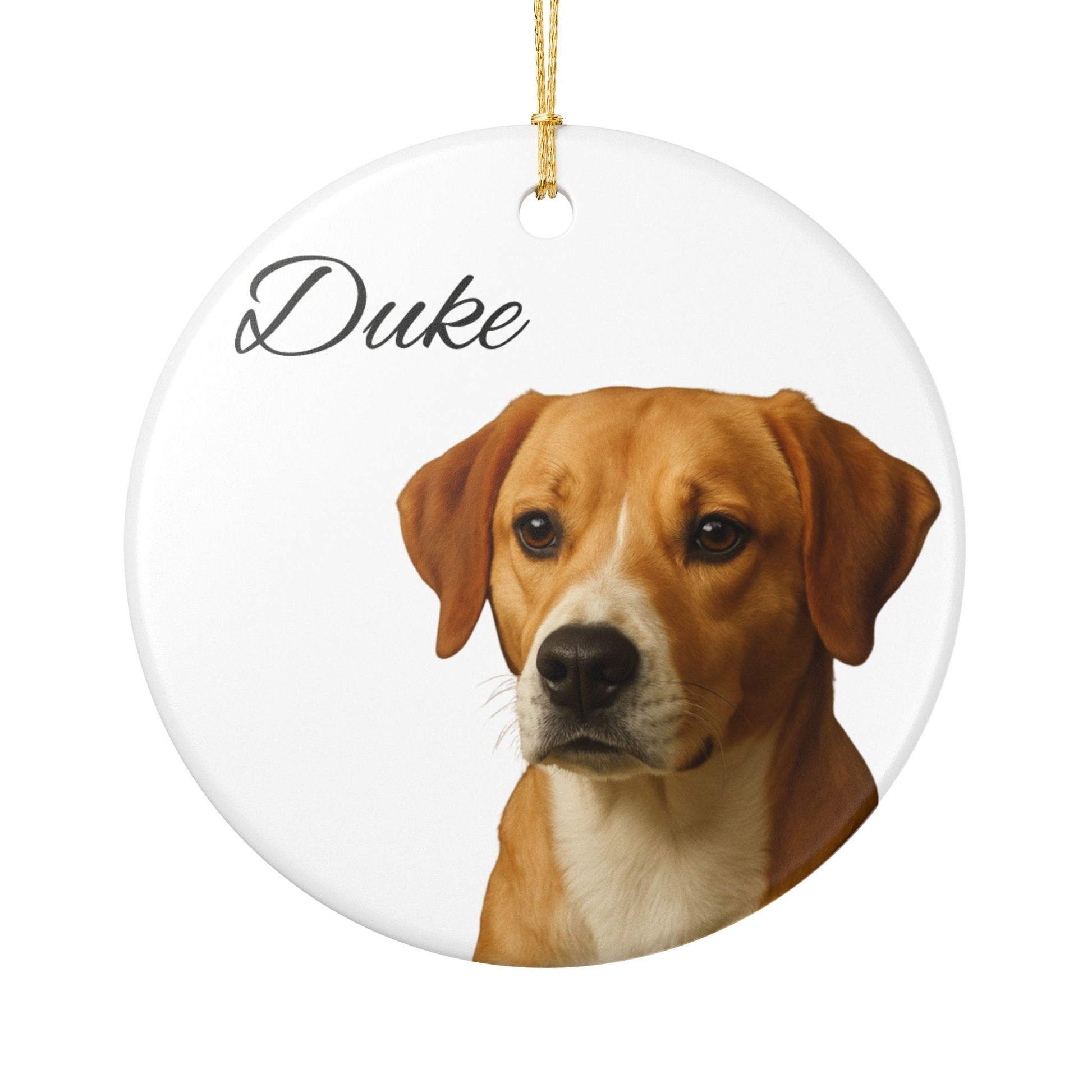 Personalized ceramic dog portrait ornament featuring Duke, a custom pet ornament with detailed dog illustration.
