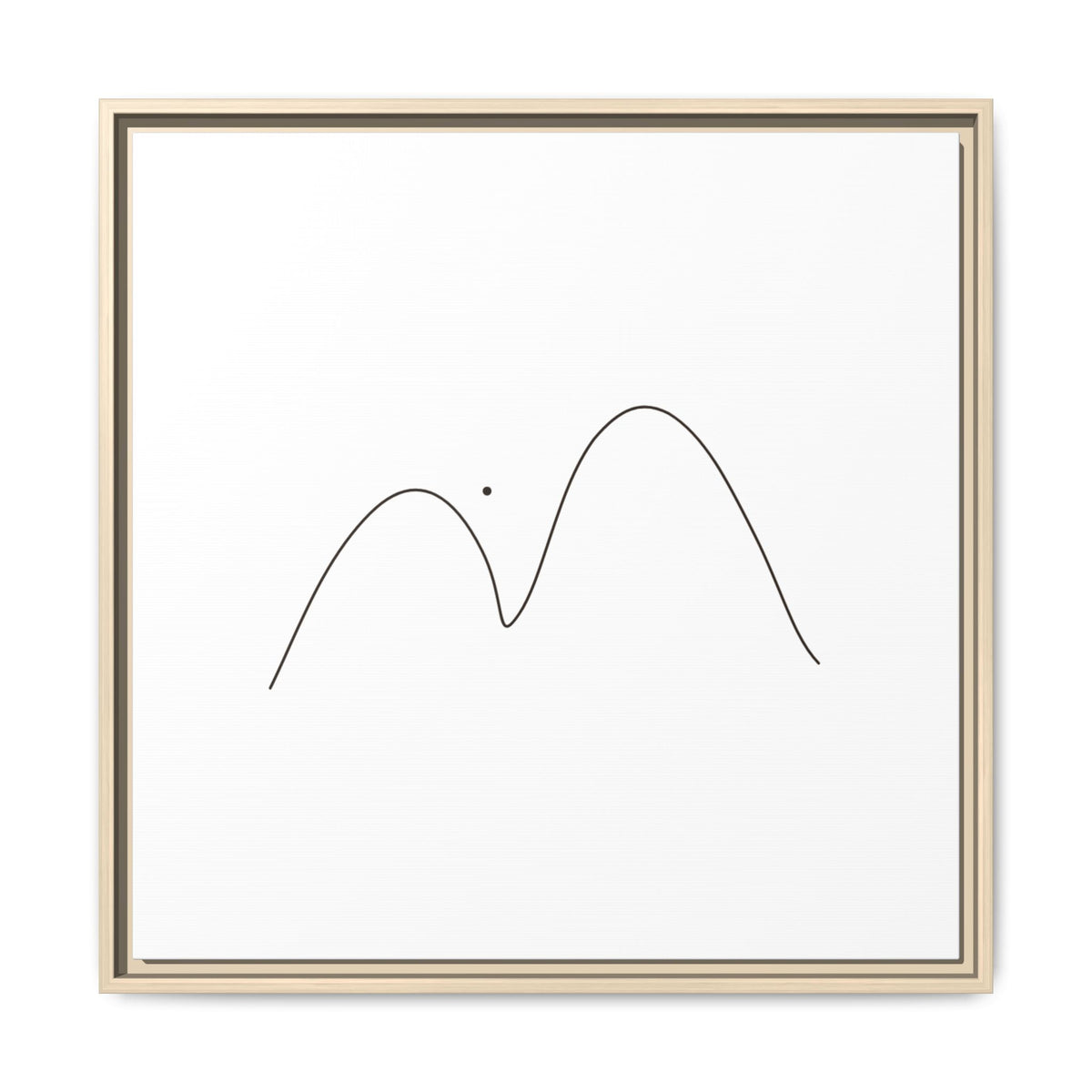 Minimalist mountain line art on framed matte canvas by Printify, featuring simple mountain peaks in black ink on white background.