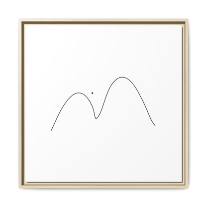 Minimalist mountain line art on framed matte canvas by Printify, featuring simple mountain peaks in black ink on white background.