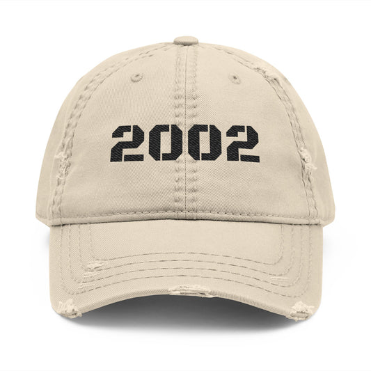 Distressed 2002 vintage embroidered baseball cap by Printify, casual dad hat with worn look and classic design.