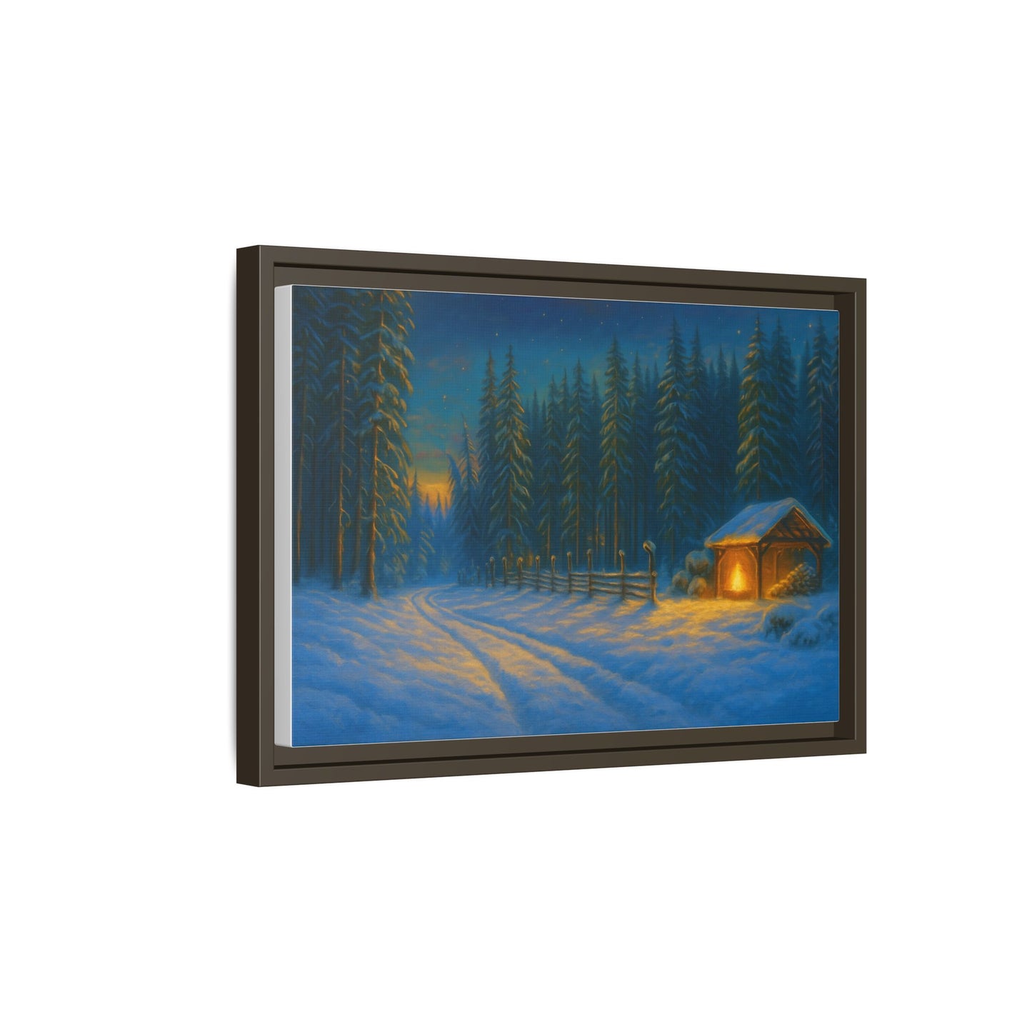 Cozy winter cabin matte framed canvas wall art featuring a snowy forest evening scene by Printify.