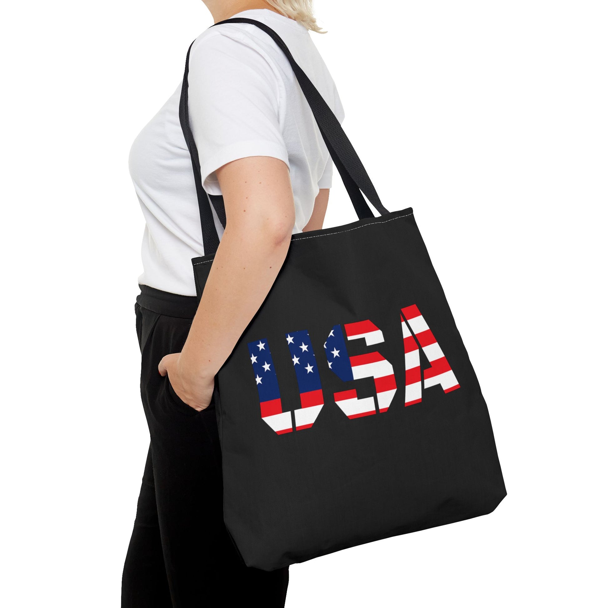Patriotic USA flag tote bag by Printify, reusable summer carryall with American flag design for 4th of July celebrations.