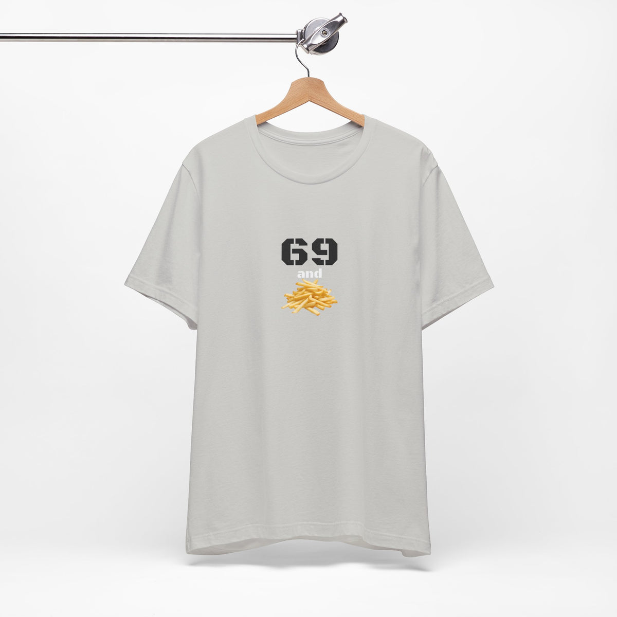 Unisex graphic T-shirt featuring a humorous 69 and French fries design in vibrant colors, made by Printify.