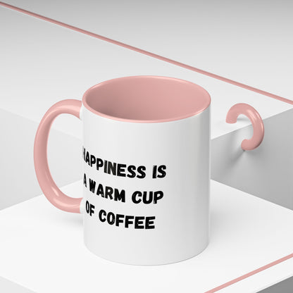 Ceramic coffee mug with "Happiness Is A Warm Cup Of Coffee" quote in black text on a white background, Printify brand mug.