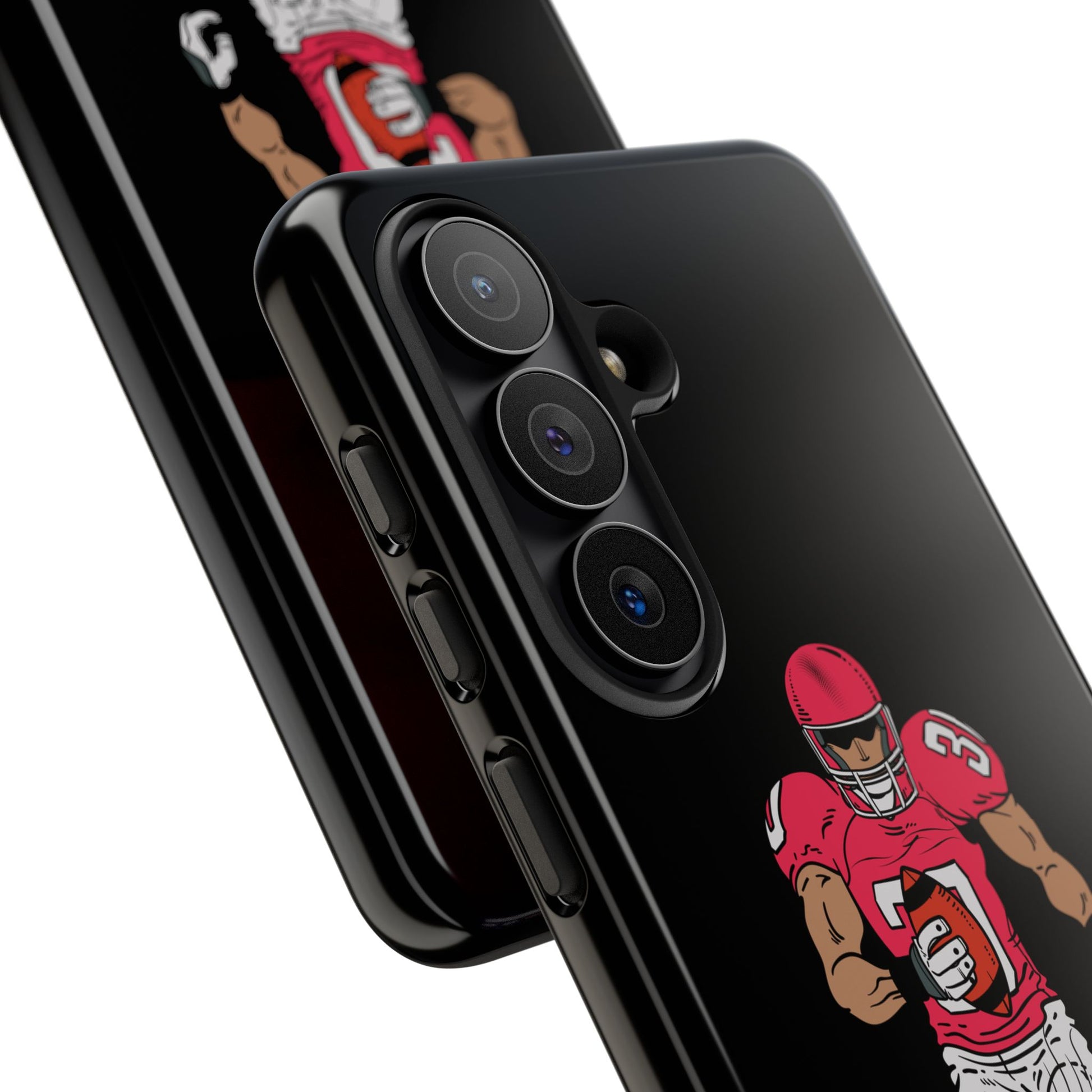 Black football player tough phone case for iPhone, featuring sports design and protective build by Printify.