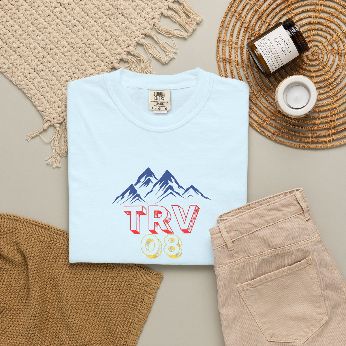 Unisex garment-dyed T-shirt with TRV08 Logo, featuring a classic fit and printed logo design on soft cotton fabric.