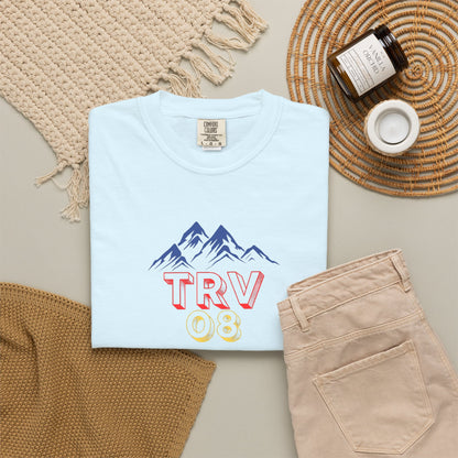 Unisex garment-dyed T-shirt with TRV08 Logo, featuring a classic fit and printed logo design on soft cotton fabric.