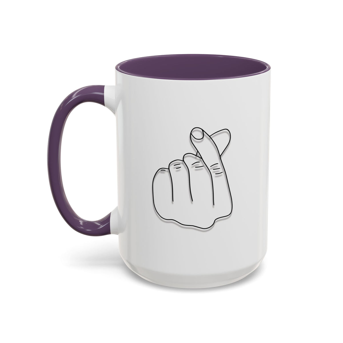 White coffee mug with minimal Korean finger heart accent design, available in 11oz and 15oz sizes, printed by Printify.