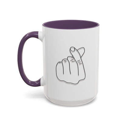 White coffee mug with minimal Korean finger heart accent design, available in 11oz and 15oz sizes, printed by Printify.
