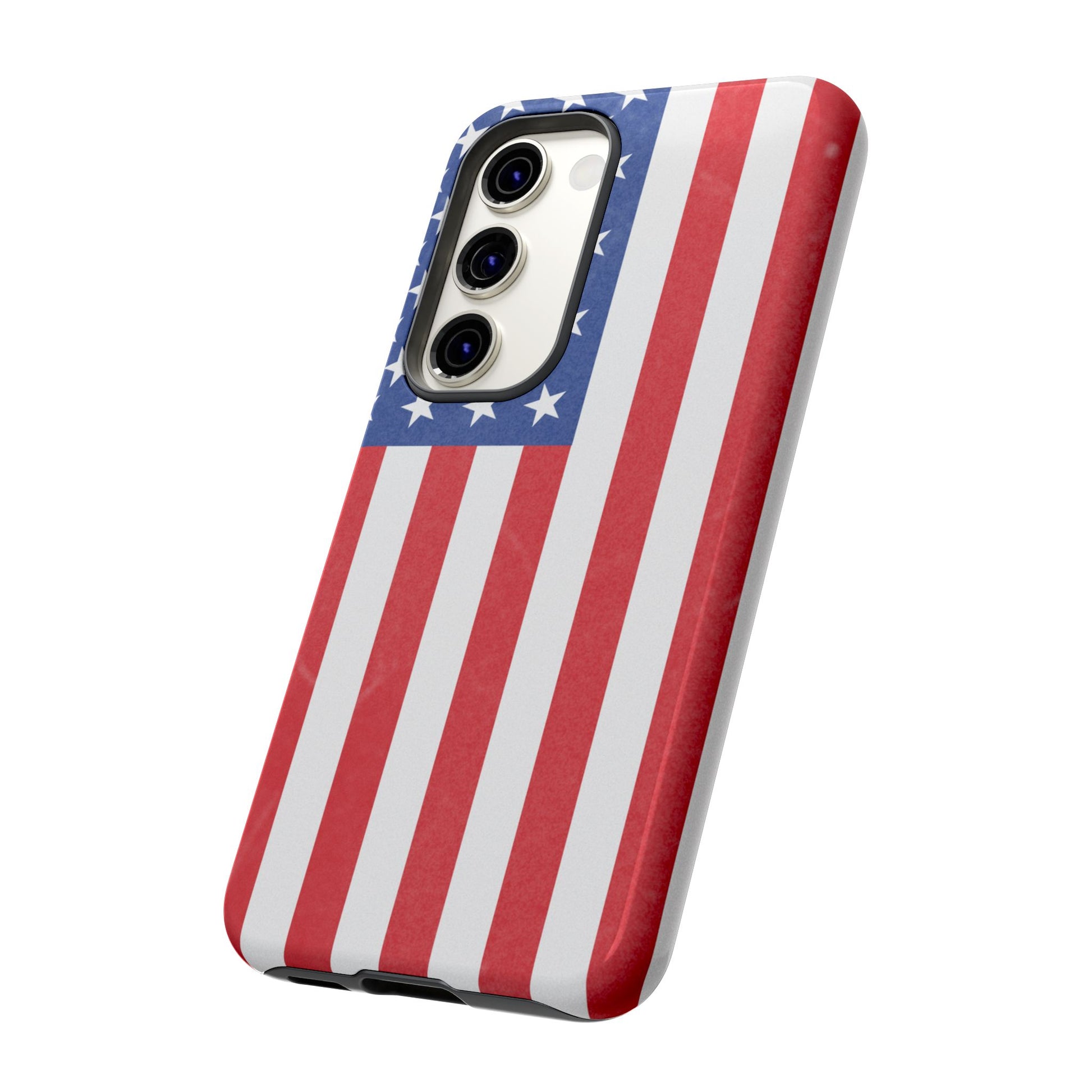 American flag tough phone case for iPhone and Samsung, patriotic protective cover with bold flag design by Printify.