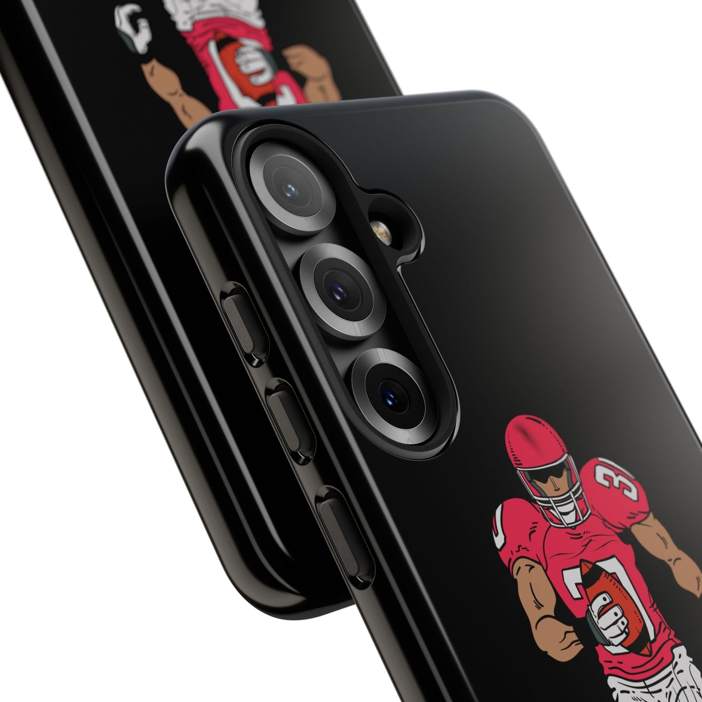 Black protective football player sports phone case for iPhone, featuring a tough design by Printify.