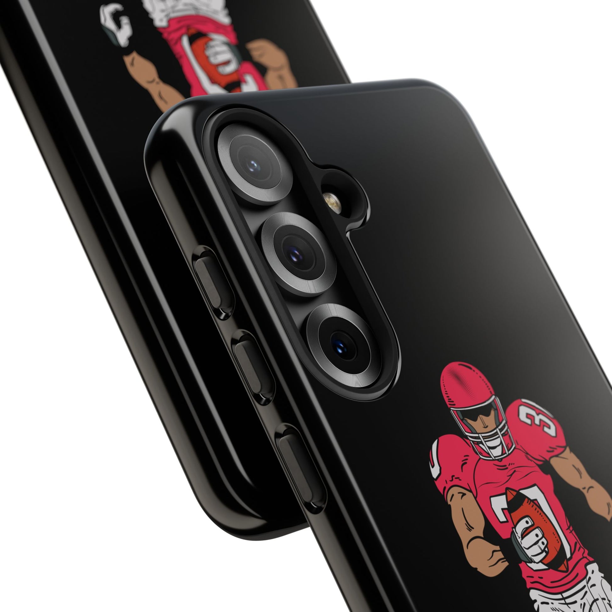 Black protective football player sports phone case for iPhone, featuring a tough design by Printify.
