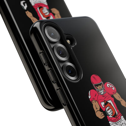 Black protective football player sports phone case for iPhone, featuring a tough design by Printify.