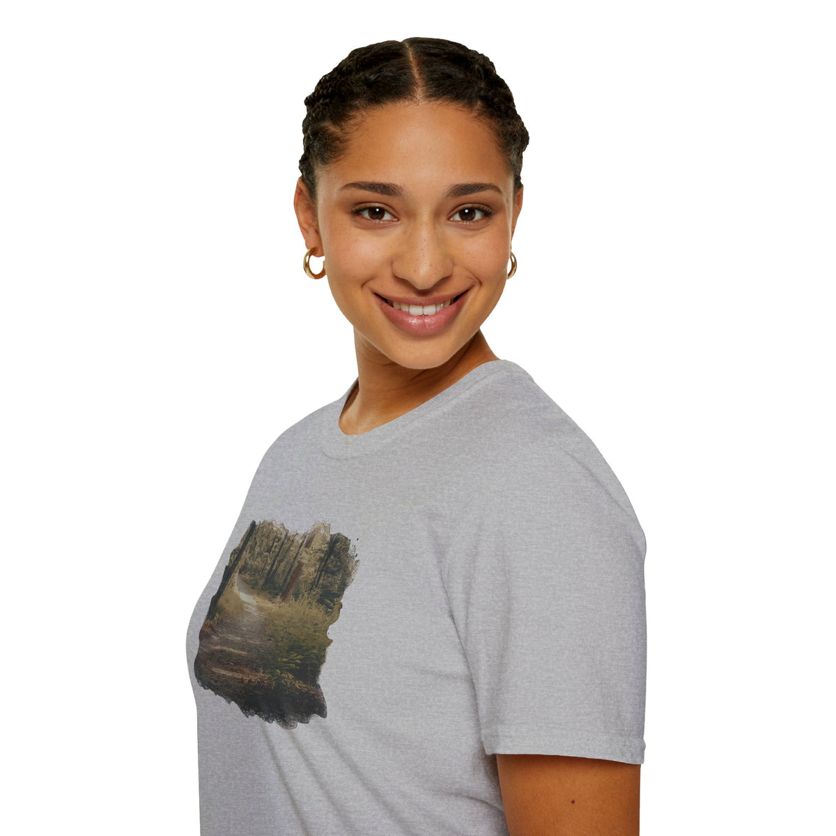 Vintage forest landscape T-shirt by Printify featuring a nature pathway design on a comfortable casual tee.