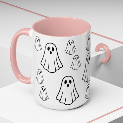 Printed ghost pattern accent coffee mug by Printify, cute Halloween-themed ceramic mug in 11oz or 15oz size.
