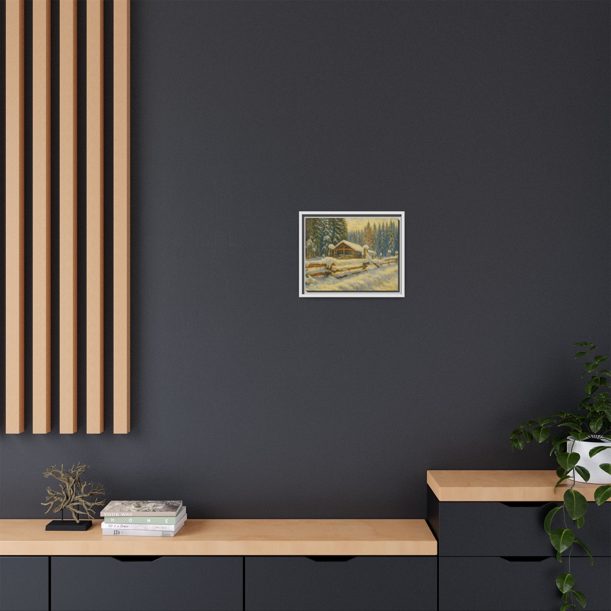 Snowy cabin winter landscape canvas wall art by Printify, featuring a cozy snow-covered cabin scene in a matte framed print.