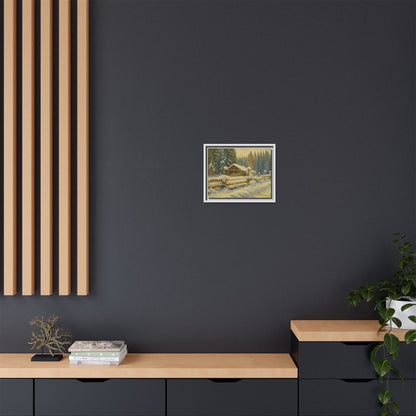 Snowy cabin winter landscape canvas wall art by Printify, featuring a cozy snow-covered cabin scene in a matte framed print.
