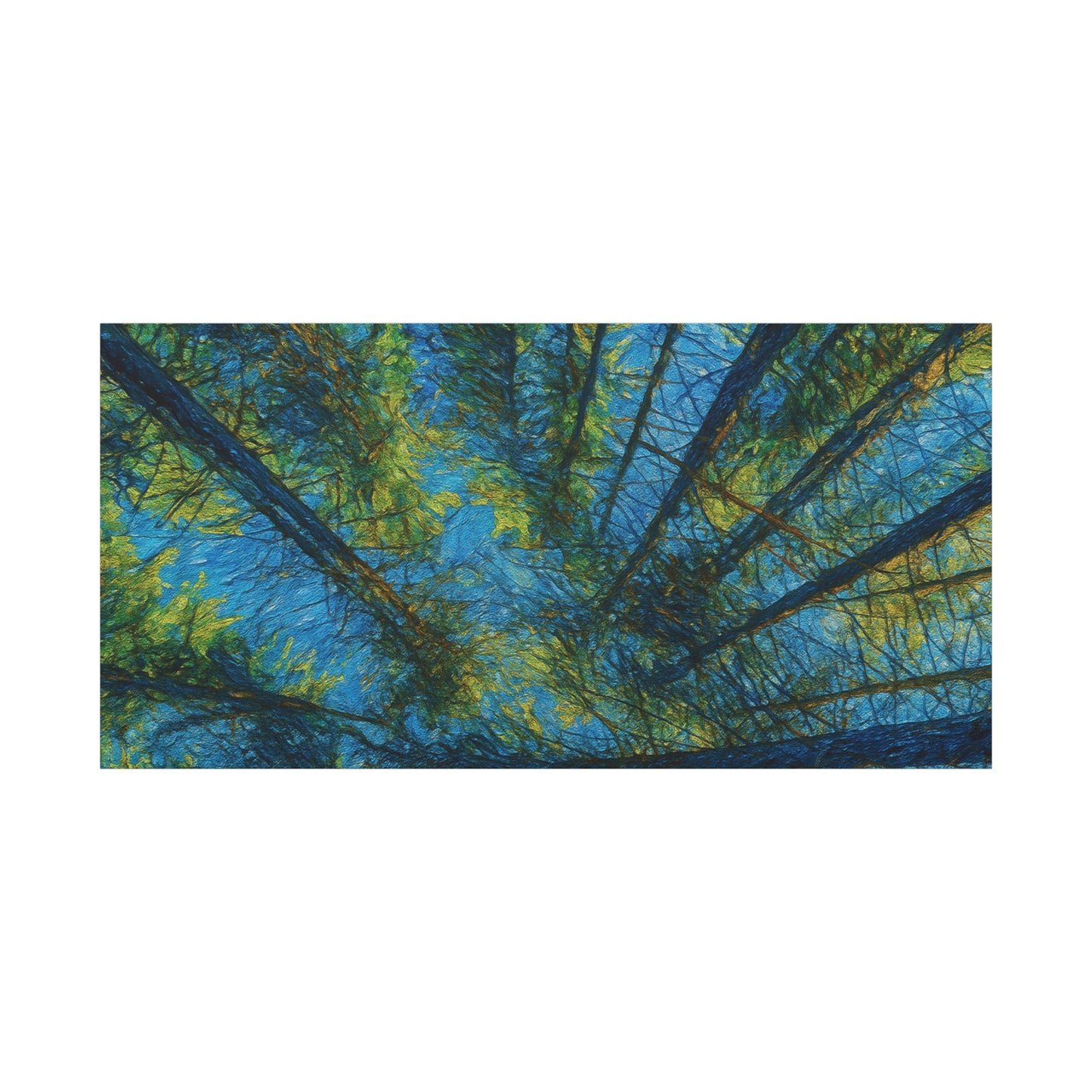 Forest Canopy Matte Canvas Wall Art — Upward View of Trees, Blue & Green Nature Print