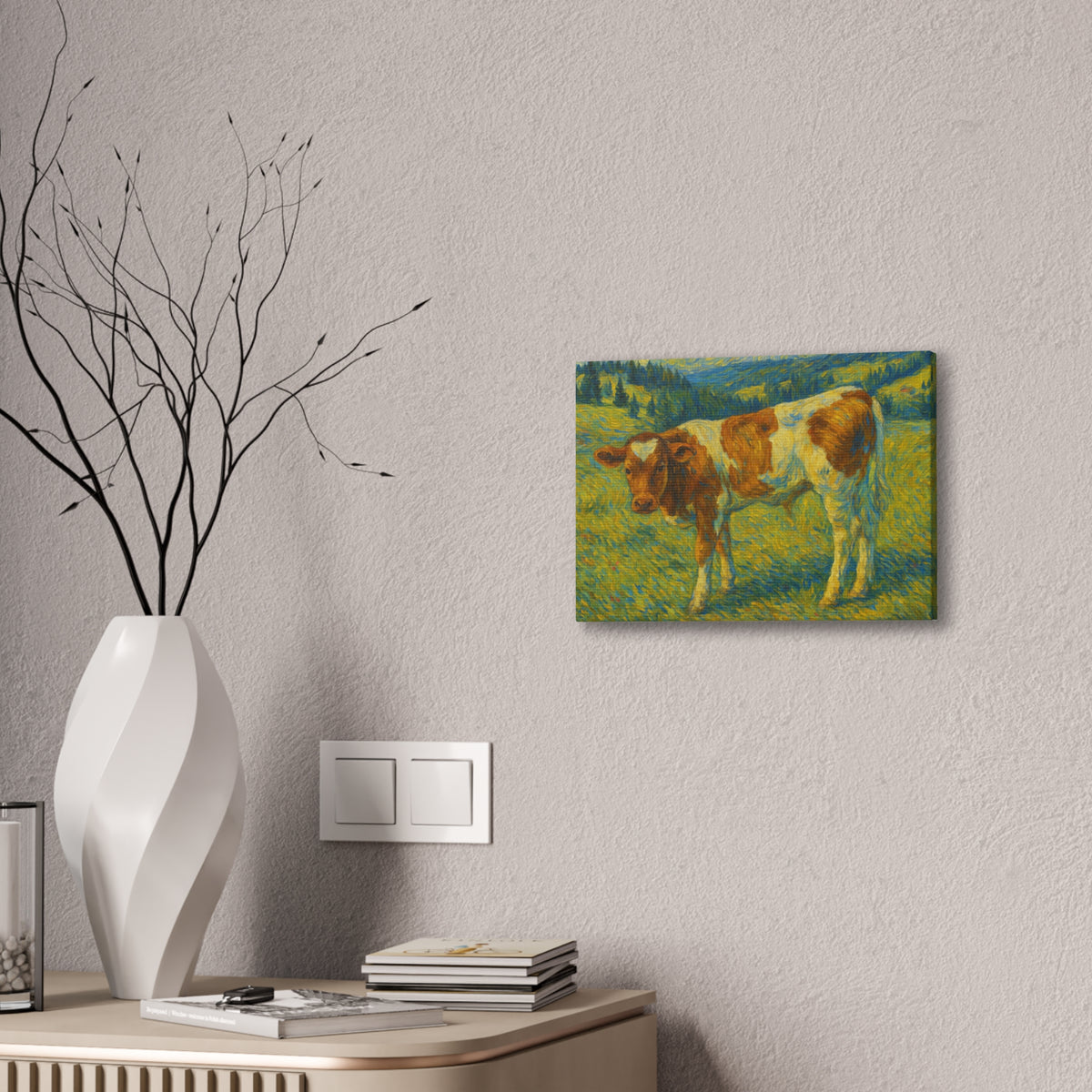 Canvas print of a cow in a meadow, rustic farmhouse wall art by Printify, featuring a pastoral farm scene on canvas.