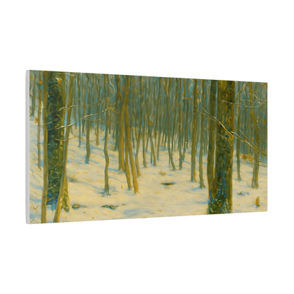 Stretched matte canvas print of a snowy winter forest scene by Printify, showcasing a peaceful winter landscape.