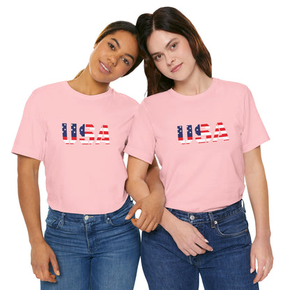 USA flag patriotic T-shirt by Printify with bold red, white, and blue design, perfect for Fourth of July celebrations.