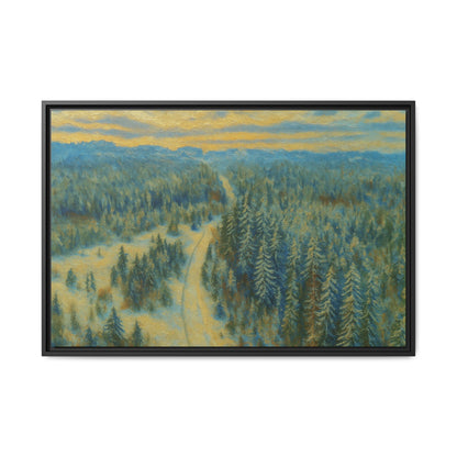 Framed matte canvas print of a serene winter forest landscape by Printify, showcasing snow-covered trees and peaceful scenery.