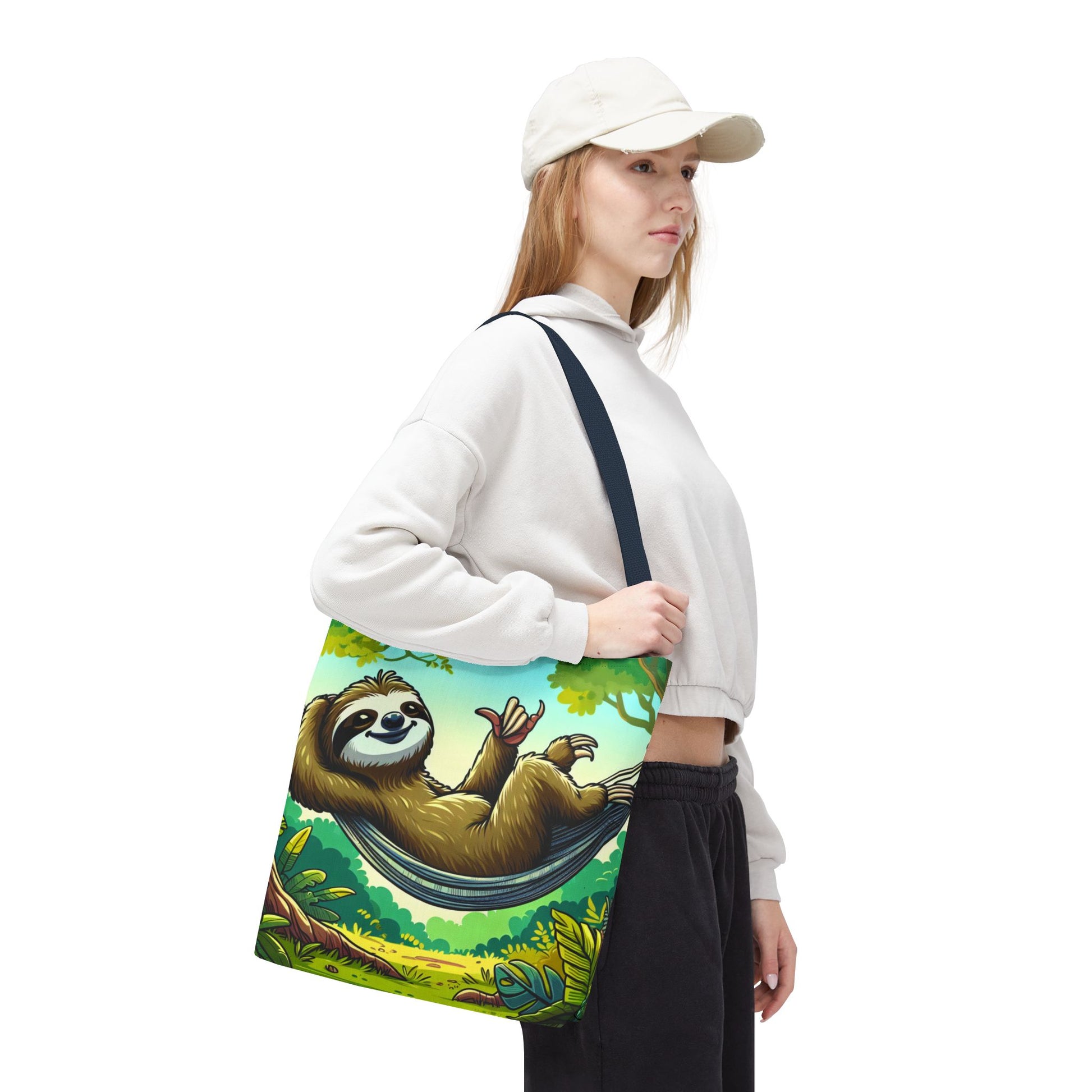 Cute eco-friendly sloth tote bag by Printify featuring a playful sloth design, perfect for animal lovers and casual outings.