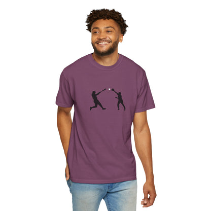Black baseball silhouette graphic T-shirt for men, featuring minimal baseball players design from Printify.