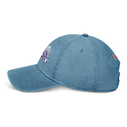 Red and blue embroidered football helmets denim hat featuring team caps, stylish and casual headwear by Printify.