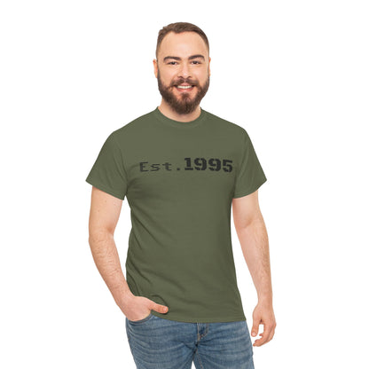 Vintage minimalist "Est. 1995" T-shirt by Printify featuring a birthday design, casual fit, and classic style.
