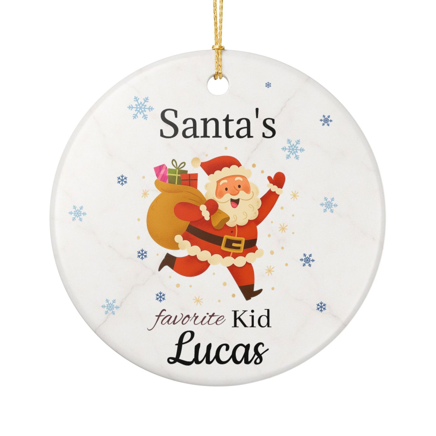 Personalized ceramic ornament featuring Santa's Favorite Kid Lucas, with festive holiday design, by Printify.