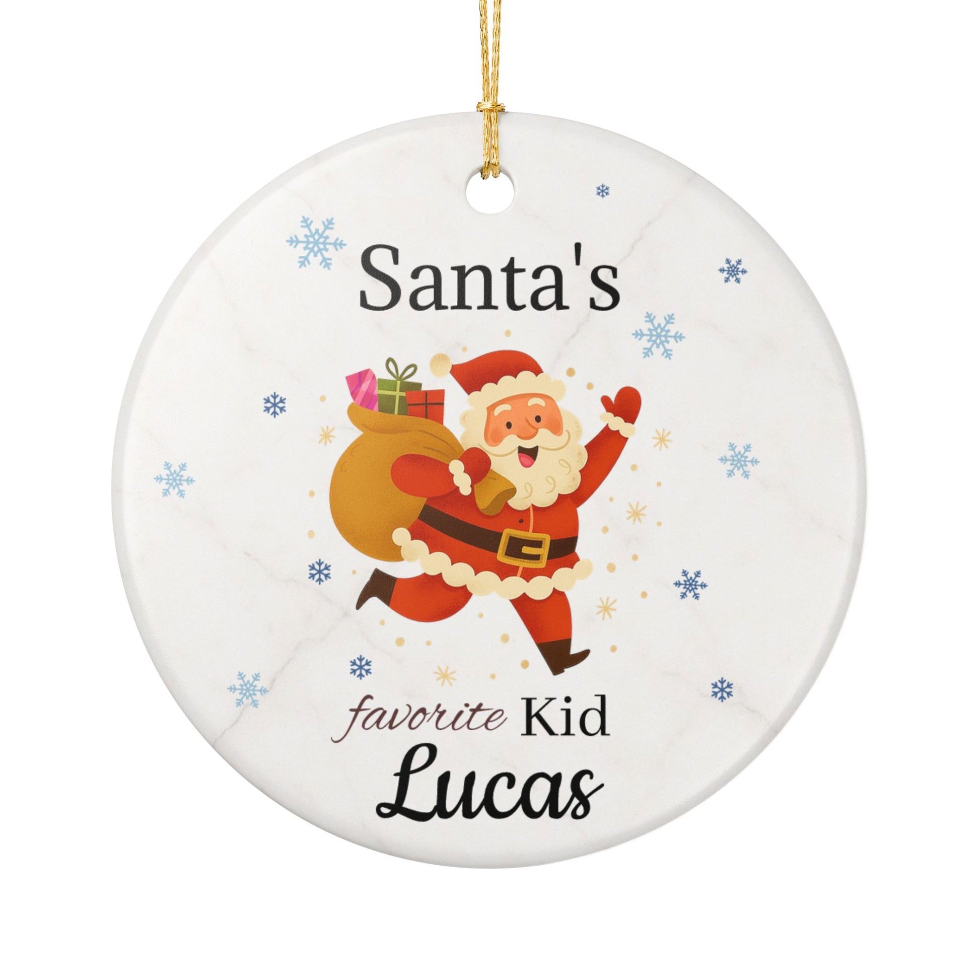 Personalized ceramic ornament featuring Santa's Favorite Kid Lucas, with festive holiday design, by Printify.