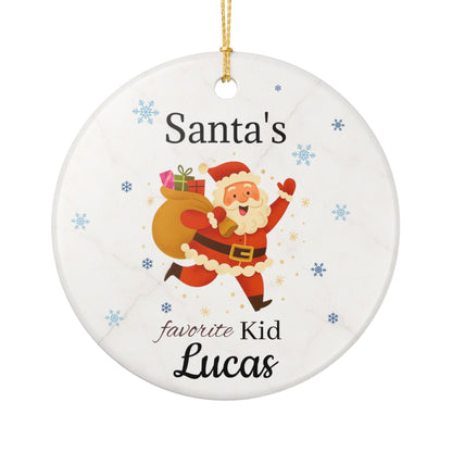 Personalized ceramic ornament featuring Santa's Favorite Kid Lucas, with festive holiday design, by Printify.