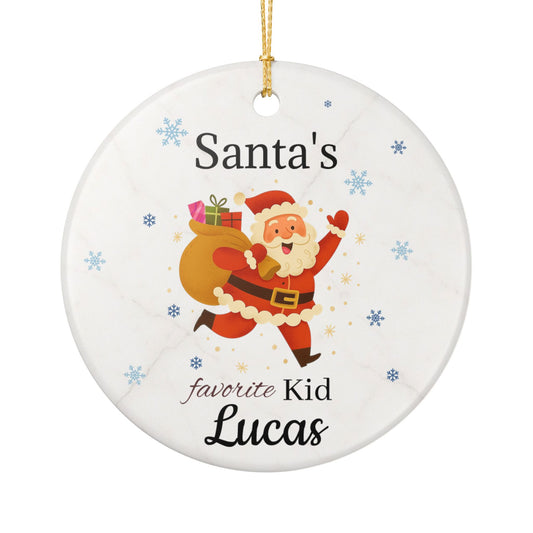Personalized ceramic ornament featuring Santa's Favorite Kid Lucas, with festive holiday design, by Printify.