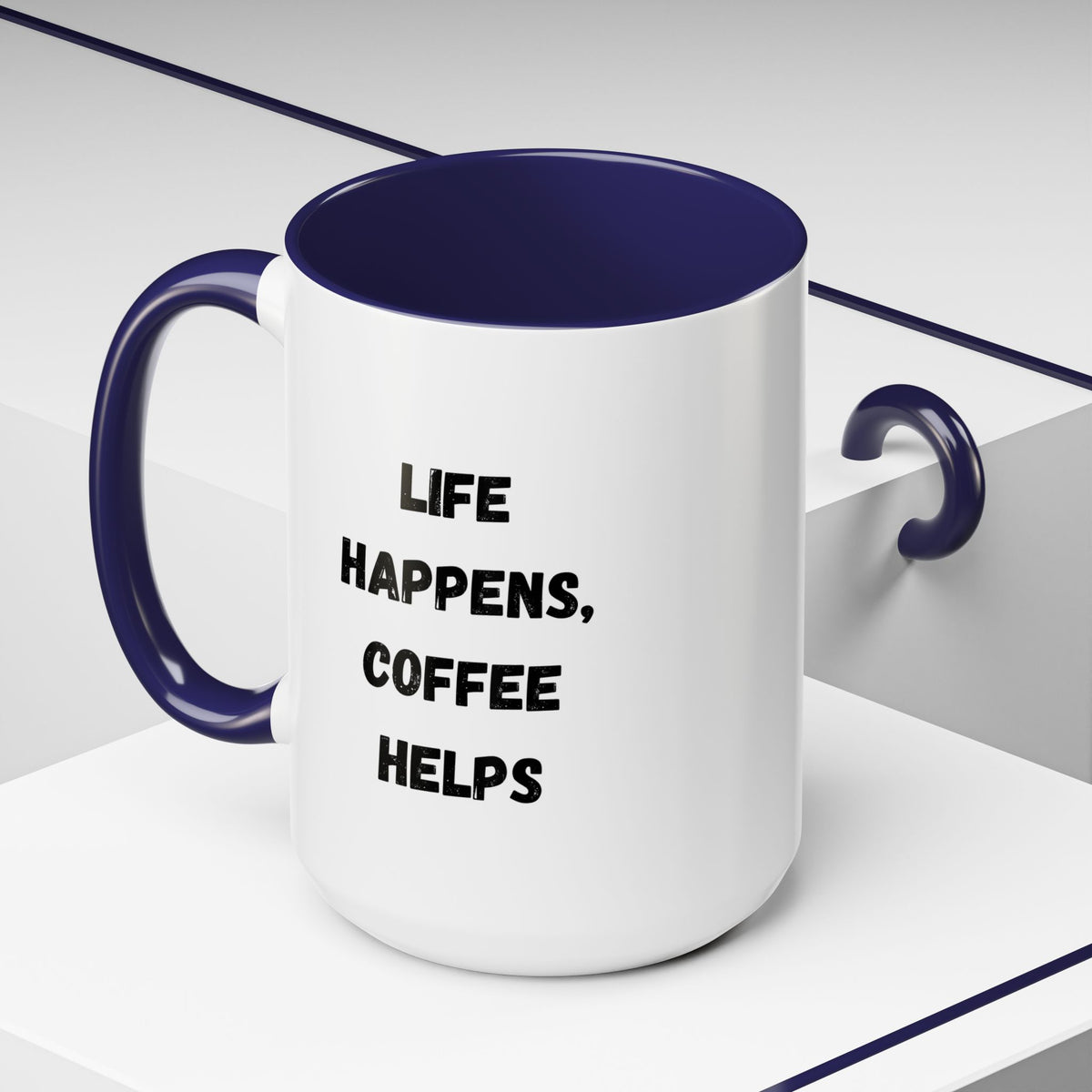 Black ceramic mug with "Life Happens Coffee Helps" slogan, 11oz or 15oz size, with black handle and rim, by Printify.