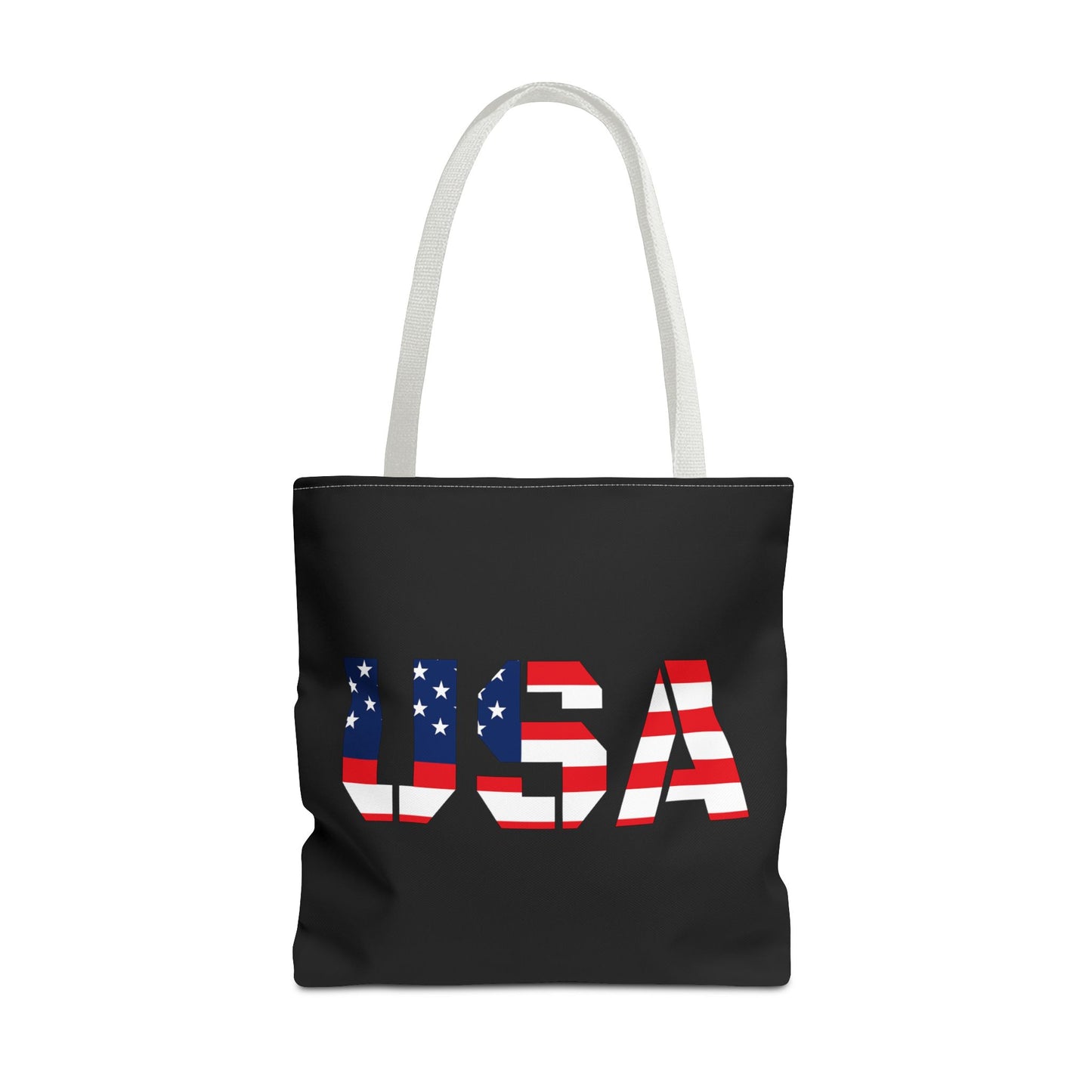 Patriotic USA flag tote bag by Printify, reusable summer carryall featuring stars and stripes for 4th of July celebrations.